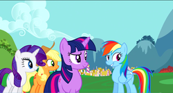 Size: 1360x730 | Tagged: safe, screencap, applejack, rainbow dash, rarity, twilight sparkle, pony, g4, swarm of the century, always works, dreamworks face, ponyville