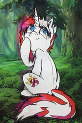 Size: 900x1350 | Tagged: safe, artist:pepperscratch, oc, oc only, oc:peppermint crush, pony, unicorn, female, forest, mare, sitting, solo, traditional art, tree