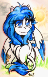 Size: 1234x1958 | Tagged: safe, artist:pepperscratch, oc, oc only, oc:azure, pegasus, pony, female, mare, solo, sun, traditional art