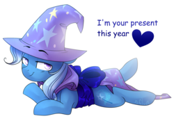 Size: 1024x714 | Tagged: safe, artist:starlyfly, trixie, pony, unicorn, g4, bow, cape, clothes, colored pupils, cute, diatrixes, female, gift wrapped, hat, lidded eyes, mare, prone, simple background, solo, transparent background, trixie's cape, trixie's hat