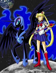 Size: 720x932 | Tagged: safe, artist:texasuberalles, nightmare moon, alicorn, human, pony, g4, boots, crossover, duo, earth, female, high heel boots, mare, moon, planet, sailor moon, sailor moon (series), space, staff, stars, tsukino usagi