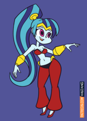 Size: 1071x1500 | Tagged: safe, artist:khuzang, sonata dusk, genie, equestria girls, g4, my little pony equestria girls: rainbow rocks, belly button, breasts, busty sonata dusk, clothes, costume, crossover, curvy, female, ponytail, shantae, shantae (character), simple background, smiling, solo