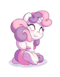 Size: 1100x1400 | Tagged: safe, artist:bobdude0, sweetie belle, pony, unicorn, g4, blank flank, blushing, cute, diasweetes, eyes closed, female, filly, foal, hnnng, horn, hug, simple background, sitting, smiling, solo, tail, tail hug, underhoof, weapons-grade cute, white background