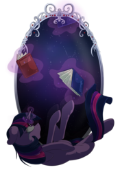 Size: 1100x1574 | Tagged: safe, artist:beardie, twilight sparkle, pony, unicorn, g4, book, crying, falling, female, magic, mirror, simple background, solo, space, transparent background