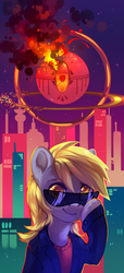 Size: 2245x4925 | Tagged: safe, artist:share dast, derpy hooves, pegasus, pony, g4, building, city, clothes, color porn, derpfest, epic derpy, explosion, female, high res, jacket, looking at you, mare, raised hoof, smiling, solo, stars, sunglasses