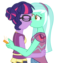 Size: 1305x1415 | Tagged: safe, artist:berrypunchrules, lyra heartstrings, sci-twi, twilight sparkle, equestria girls, g4, my little pony equestria girls: legend of everfree, clothes, eyes closed, female, lesbian, ship:twyra, shipping