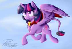 Size: 6271x4345 | Tagged: safe, artist:pucksterv, twilight sparkle, alicorn, classical unicorn, pony, g4, absurd resolution, cape, chest fluff, clothes, colored pupils, curved horn, cute, female, flying, horn, leonine tail, raised hoof, signature, solo, spread wings, twilight sparkle (alicorn)