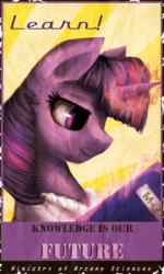 Size: 900x1500 | Tagged: safe, artist:aschenstern, twilight sparkle, pony, unicorn, fallout equestria, g4, book, clothes, fanfic, fanfic art, female, glowing horn, horn, levitation, magic, mare, ministry mares, ministry of arcane sciences, poster, propaganda, reading, smiling, solo, telekinesis, text
