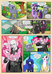 Size: 1355x1920 | Tagged: safe, artist:pencils, pinkie pie, princess celestia, princess luna, twilight sparkle, oc, oc:anon, oc:moonglow twinkle, alicorn, earth pony, human, pony, unicorn, comic:anon's pie adventure, g4, anon ride, belt, belt buckle, bow, carrying, clothes, comic, crown, cute, diapinkes, female, glasses, grass, holding a pony, human male, jewelry, looking back, looking up, male, mare, necklace, open mouth, overcoat, pants, raspberry, regalia, shirt, speech bubble, tail bow, tongue out, tree, twilight sparkle (alicorn)