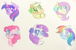 Size: 2716x1795 | Tagged: safe, artist:siggie740, applejack, fluttershy, pinkie pie, rainbow dash, rarity, twilight sparkle, :i, blushing, bust, cute, dashabetes, diapinkes, flower, flower in hair, jackabetes, looking at you, mane six, one eye closed, portrait, raribetes, shyabetes, simple background, tongue out, traditional art, twiabetes, white background