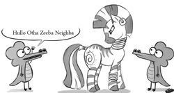 Size: 825x442 | Tagged: safe, artist:bunnimation, zecora, zebra, g4, angry, crocs, crossover, dialogue, engrish, grayscale, monochrome, pearls before swine, simple background, white background