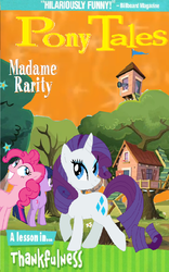 Size: 1026x1648 | Tagged: safe, pinkie pie, rarity, twilight sparkle, earth pony, pony, unicorn, series:pony tales, g4, 1000 years in photoshop, madame blueberry, song in the comments, veggietales, vhs, why