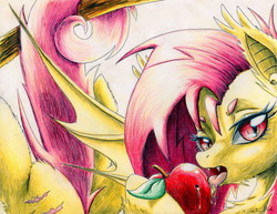 Size: 3277x2535 | Tagged: safe, artist:kaitlyn23, fluttershy, bat pony, pony, g4, apple, bedroom eyes, female, flutterbat, food, high res, licking, mare, race swap, solo, tongue out, traditional art