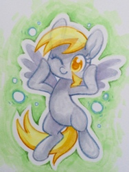 Size: 960x1280 | Tagged: safe, artist:dawnfire, derpy hooves, pony, g4, bipedal, bubble, colored pupils, cute, derpabetes, female, one eye closed, scrunchy face, solo, spread wings, traditional art, wink