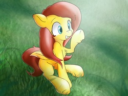 Size: 3027x2272 | Tagged: safe, artist:ando, fluttershy, pony, g4, cheek fluff, chest fluff, colored pupils, crepuscular rays, cute, female, field, grass, high res, raised hoof, shyabetes, sitting, smiling, solo, sunlight, underhoof