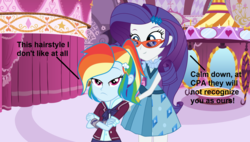 Size: 1600x908 | Tagged: safe, artist:adamlhumphreys, artist:anonimowybrony, artist:limedazzle, artist:themexicanpunisher, rainbow dash, rarity, equestria girls, g4, alternate hairstyle, bracelet, carousel boutique, clothes, crossed arms, crystal prep academy, crystal prep academy uniform, crystal prep shadowbolts, dialogue, glasses, jewelry, mirror, rarity's glasses, school uniform, show accurate