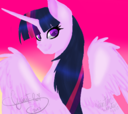 Size: 357x319 | Tagged: safe, artist:couchpotato77, twilight sparkle, alicorn, pony, g4, collaboration, female, looking back, solo, spread wings, twilight sparkle (alicorn)