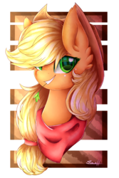 Size: 1046x1565 | Tagged: safe, artist:cloud-drawings, applejack, earth pony, pony, g4, bandana, clothes, cowboy hat, female, freckles, hat, haystick, mare, signature, smiling, solo, speedpaint, stetson