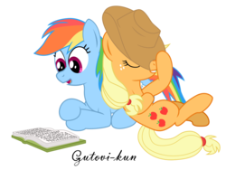 Size: 2500x1875 | Tagged: safe, artist:gutovi, applejack, rainbow dash, g4, book, commission, cowboy hat, crossed hooves, eyes closed, female, hat, hat tip, lesbian, open mouth, reading, ship:appledash, shipping, simple background, stetson, transparent background