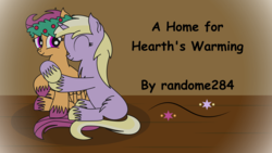 Size: 8000x4500 | Tagged: safe, artist:dinkyuniverse, dinky hooves, scootaloo, pegasus, pony, unicorn, g4, absurd resolution, chest fluff, christmas wreath, cover, cover art, cuddling, ear fluff, female, filly, hearth's warming, huggies, lesbian, scootalove, ship:dinkyloo, shipping, snuggling, unshorn fetlocks, wreath