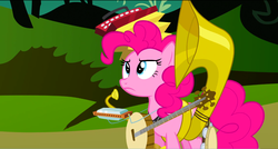 Size: 1360x730 | Tagged: safe, screencap, pinkie pie, earth pony, pony, g4, swarm of the century, accordion, banjo, cymbals, female, frown, harmonica, looking up, mare, musical instrument, one-pony band, solo, sousaphone, tambourine, tuba, worried