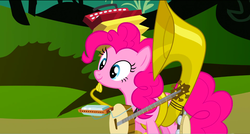 Size: 1360x730 | Tagged: safe, screencap, pinkie pie, earth pony, pony, g4, swarm of the century, accordion, banjo, cymbals, female, harmonica, mare, musical instrument, one-pony band, smiling, solo, sousaphone, tambourine