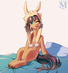 Size: 842x900 | Tagged: safe, artist:margony, oc, oc only, earth pony, pikachu, pony, chest fluff, fluffy, freckles, hat, morning ponies, one eye closed, open mouth, pokémon, shoulder fluff, sitting, solo, tongue out, unshorn fetlocks, wink