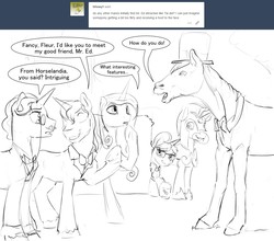 Size: 1280x1128 | Tagged: safe, artist:silfoe, fancypants, fleur-de-lis, prince blueblood, raven, oc, oc:horace octavius reginald sorrel edward, horse, royal sketchbook, g4, food, funny background event, grayscale, hat, horse-pony interaction, magic, mister ed, monochrome, peanut butter, prank, royal guard, top hat, ventriloquism