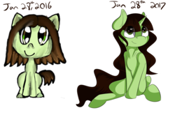 Size: 1992x1314 | Tagged: safe, artist:beardie, oc, oc only, oc:alos, earth pony, pony, unicorn, draw this again, redraw, sitting