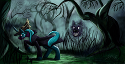 Size: 1550x800 | Tagged: safe, artist:sagebrush, artist:saoirsepdg, oc, oc only, oc:quakeponi, pony, unicorn, bloodborne, forest, from software