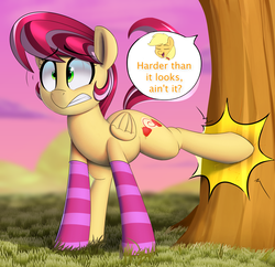 Size: 3462x3345 | Tagged: safe, artist:january3rd, applejack, oc, oc:raspberry cremè, pegasus, pony, g4, bucking, clothes, female, grass, high res, mare, pain, socks, striped socks, sweet apple acres, tree