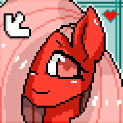 Size: 1024x1024 | Tagged: safe, artist:monochromacat, oc, oc only, oc:downvote, pony, derpibooru, bust, derpibooru ponified, hair over one eye, heart, looking at you, meta, pixel art, ponified, simple background, solo