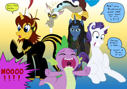 Size: 4000x2782 | Tagged: safe, artist:edcom02, artist:jmkplover, discord, rarity, spike, dragon, pony, unicorn, wasp, g4, avengers, big no, crossover, elusive, female to male, janet van dyne, loki, male, ponified, rule 63, s.a.m: adventures in gender-bending, transformation, transgender transformation