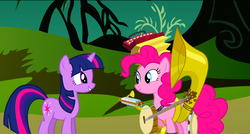 Size: 1360x730 | Tagged: safe, screencap, pinkie pie, twilight sparkle, earth pony, pony, g4, swarm of the century, accordion, banjo, cymbals, duo, female, harmonica, mare, musical instrument, one-pony band, smiling, sousaphone, tambourine