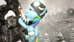 Size: 4000x2250 | Tagged: safe, artist:redaceofspades, rainbow dash, pony, g4, 3d, bandage, cap, female, goggles, hat, mountain, mountain climbing, poster, snow, solo, source filmmaker, tree