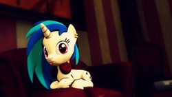 Size: 1920x1080 | Tagged: safe, artist:flushthebatsanta, dj pon-3, vinyl scratch, pony, g4, 3d, book, chair, couch, cute, ear piercing, earring, female, headphones, jewelry, looking at you, piercing, silly, silly pony, sitting, solo, source filmmaker, tongue out