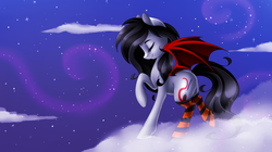 Size: 4500x2527 | Tagged: safe, artist:scarlet-spectrum, oc, oc only, oc:scarlet spectrum, bat pony, pony, clothes, cloud, cloudy, eyes closed, female, high res, mare, night, night sky, on a cloud, raised hoof, raised leg, smiling, socks, solo, spread wings, stars, striped socks