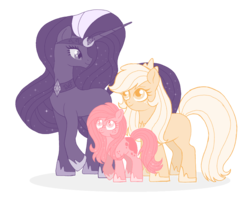 Size: 902x715 | Tagged: safe, artist:unoriginai, applejack, nightmare rarity, rarity, oc, pony, g4, colored pupils, family, female, freckles, horn, jewelry, lesbian, limited palette, long horn, long mane, long tail, looking at each other, looking up, magical lesbian spawn, missing accessory, missing cutie mark, nightmare rarijack, offspring, parent:applejack, parent:nightmare rarity, parent:rarity, parents:rarijack, raised hoof, regalia, shadow, ship:rarijack, shipping, simple background, size difference, smiling, transparent background