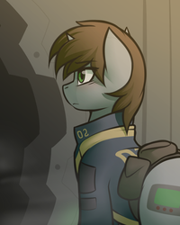 Size: 1280x1600 | Tagged: dead source, safe, artist:whitepone, oc, oc only, oc:littlepip, pony, unicorn, fallout equestria, blushing, clothes, fanfic, fanfic art, female, horn, jumpsuit, mare, solo, vault suit