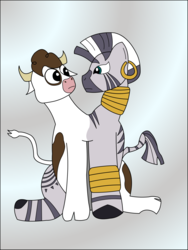 Size: 2449x3265 | Tagged: safe, artist:rakesuk, daisy jo, zecora, cow, zebra, g4, conjoined, cowbra, fusion, high res, looking at each other, multiple heads, two heads, we have become one, xebra, zebrow