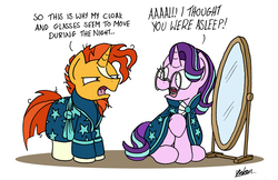 Size: 2382x1547 | Tagged: safe, artist:bobthedalek, starlight glimmer, sunburst, pony, unicorn, g4, accessory theft, bathrobe, blaze (coat marking), caught, clothes, coat markings, cute, duo, facial markings, funny, glasses, mirror, open mouth, signature, simple background, socks (coat markings), starlight wearing sunburst's robe, sunburst is not amused, sunburst's cloak, sunburst's glasses, surprised, unamused, white background