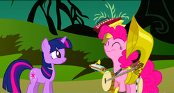 Size: 1360x730 | Tagged: safe, screencap, pinkie pie, twilight sparkle, earth pony, pony, unicorn, g4, swarm of the century, accordion, banjo, cymbals, duo, eyes closed, female, harmonica, mare, musical instrument, one-pony band, smiling, sousaphone, tambourine