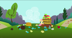 Size: 1360x730 | Tagged: safe, screencap, fluttershy, pony, g4, my little pony: friendship is magic, swarm of the century, apple, basket, food, hiding, tree