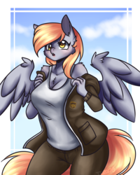 Size: 1600x2000 | Tagged: safe, artist:teeeluh, derpy hooves, anthro, g4, chest fluff, clothes, female, pants, solo, spread wings, tank top, uniform