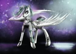 Size: 1754x1240 | Tagged: safe, artist:mayamermaid, princess celestia, alicorn, pony, g4, abstract background, bracelet, choker, chokerlestia, clothes, ear piercing, earring, eyeshadow, female, horn, horn ring, jewelry, makeup, piercing, punk, punklestia, shirt, solo, t-shirt, wing piercing