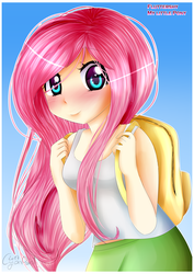 Size: 2480x3507 | Tagged: safe, artist:wolfchen999, fluttershy, equestria girls, g4, backpack, blushing, clothes, cute, female, high res, midriff, moe, shyabetes, skirt, solo, tank top