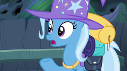 Size: 1280x720 | Tagged: safe, screencap, trixie, pony, g4, my little pony: friendship is magic, to where and back again, clothes, female, hat, mare, saddle bag, solo, trixie's hat