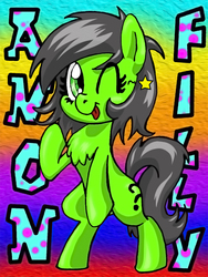 Size: 750x1000 | Tagged: safe, artist:lockhe4rt, oc, oc only, oc:filly anon, earth pony, pony, bipedal, chest fluff, female, filly, one eye closed, rainbow background, solo, stars, wink