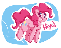 Size: 4200x3300 | Tagged: safe, artist:graphene, pinkie pie, earth pony, pony, g4, cute, dialogue, diapinkes, female, hi, high res, jumping, looking at you, open mouth, smiling, solo, talking to viewer