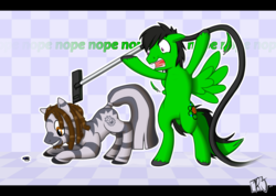 Size: 1191x850 | Tagged: safe, artist:rj-pilot, oc, oc only, oc:rj, oc:thallium burst, spider, zebra, bipedal, unshorn fetlocks, vacuum cleaner, zebra oc